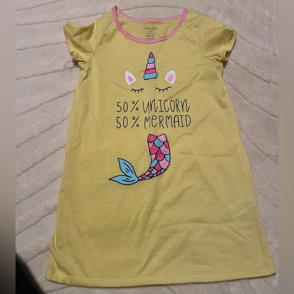 Rene Rofe Yellow Nightgown with Unicorn and Mermaid Design